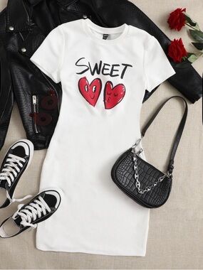 SHEIN White Midi Dress with Red Heart Motif and SWEET Script